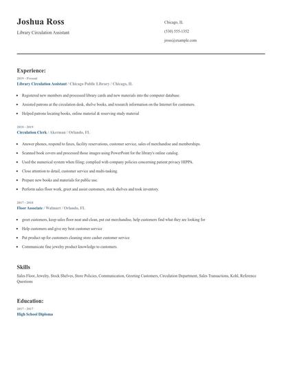 Library Circulation Assistant Resume