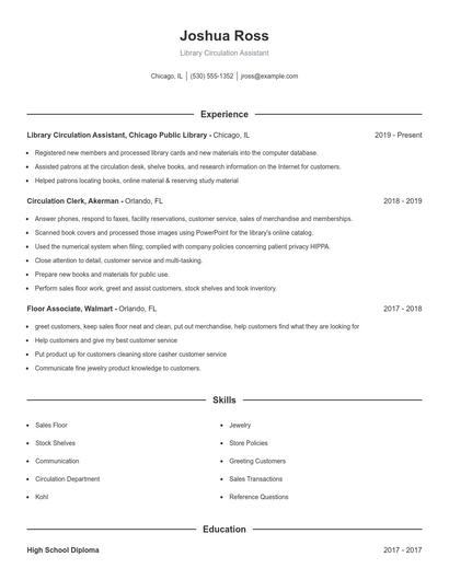 Library Circulation Assistant Resume