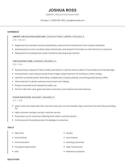 Library Circulation Assistant Resume