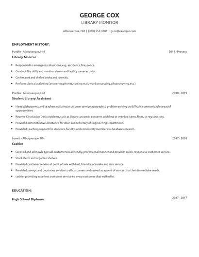 Library Monitor Resume