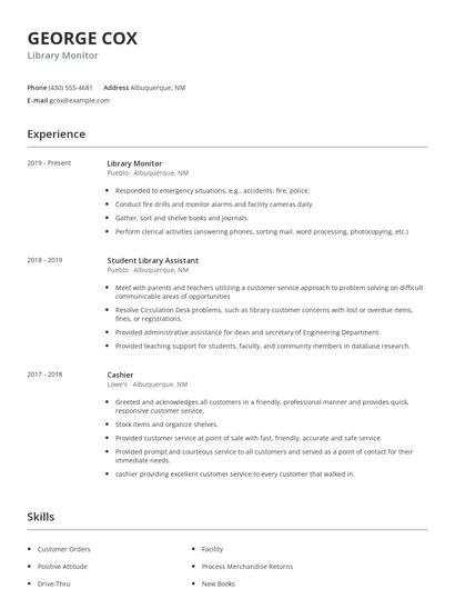 Library Monitor Resume