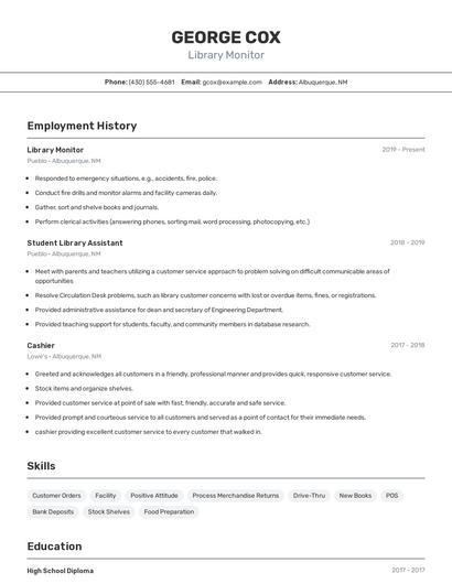 Library Monitor Resume