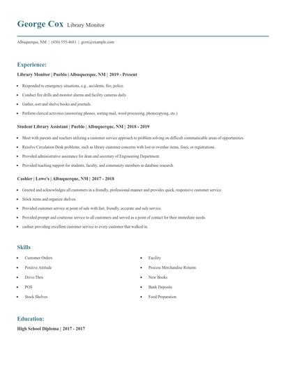Library Monitor Resume