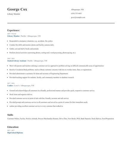 Library Monitor Resume