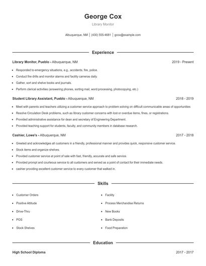 Library Monitor Resume