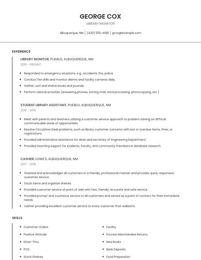 Library Monitor Resume