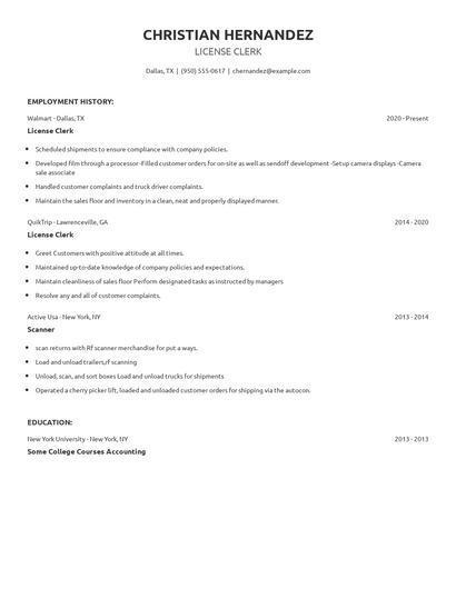License Clerk Resume