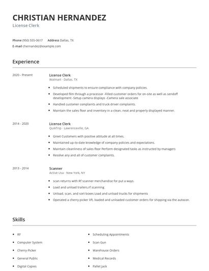 License Clerk Resume