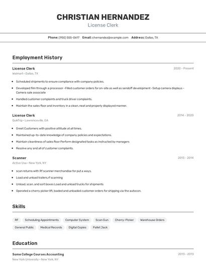 License Clerk Resume