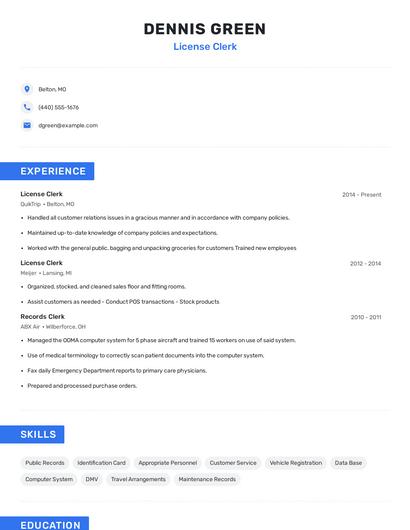 License Clerk Resume