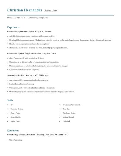License Clerk Resume