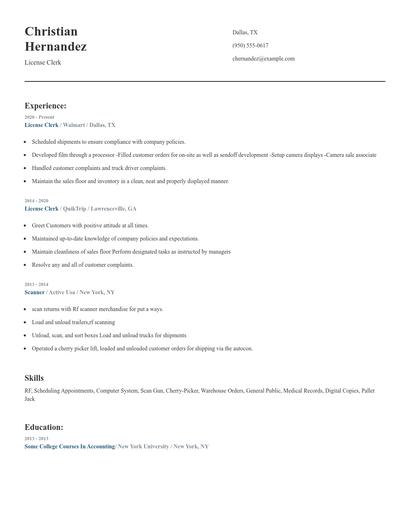 License Clerk Resume