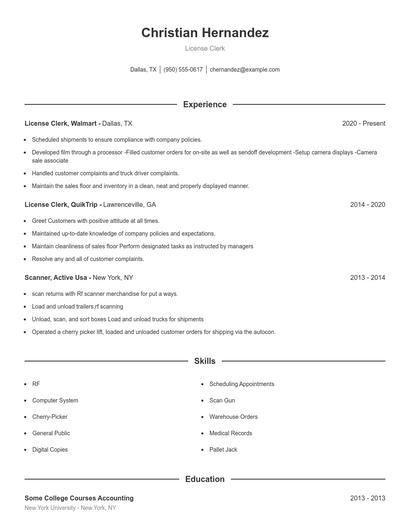 License Clerk Resume