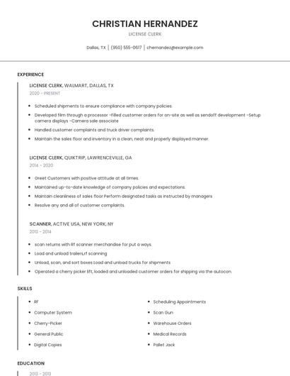 License Clerk Resume