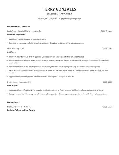Licensed Appraiser Resume