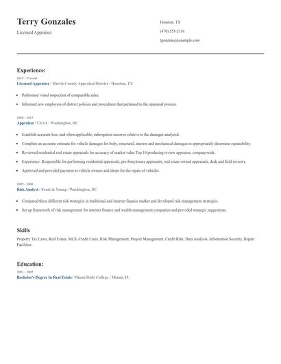 Licensed Appraiser Resume