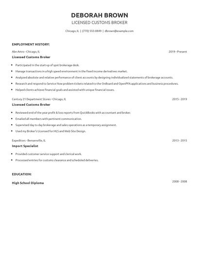 Licensed Customs Broker Resume