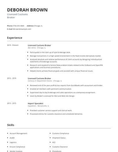 Licensed Customs Broker Resume