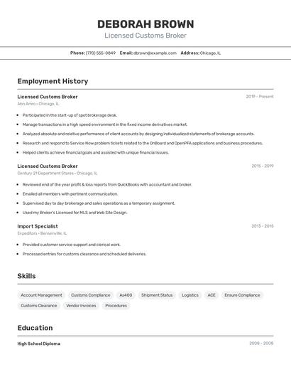 Licensed Customs Broker Resume