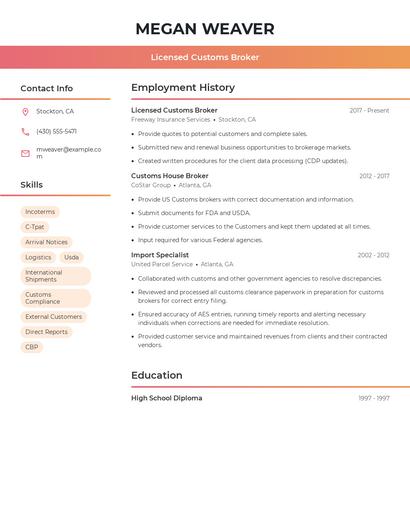 Licensed Customs Broker Resume