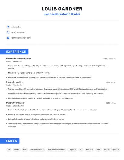 Licensed Customs Broker Resume