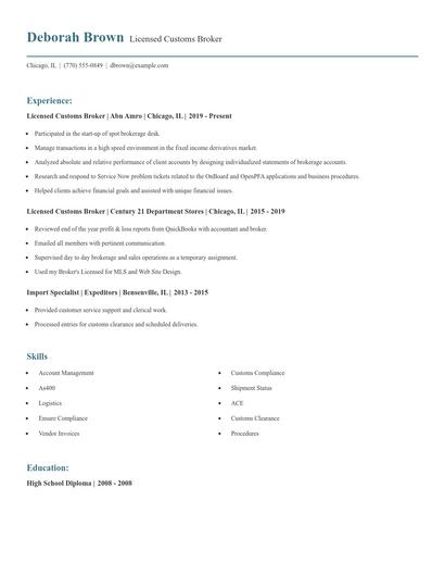 Licensed Customs Broker Resume