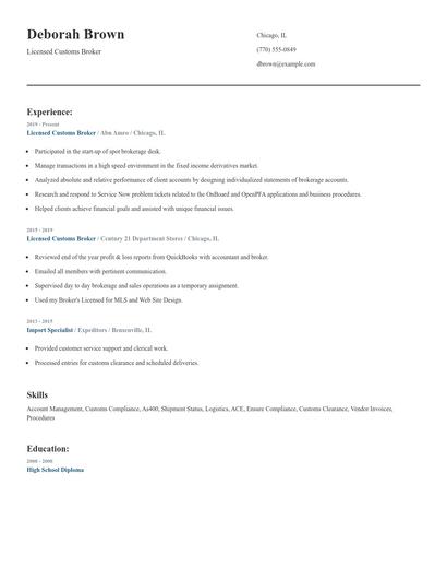 Licensed Customs Broker Resume
