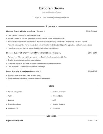 Licensed Customs Broker Resume