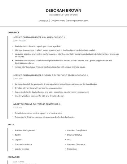 Licensed Customs Broker Resume