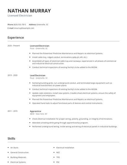 Licensed Electrician Resume