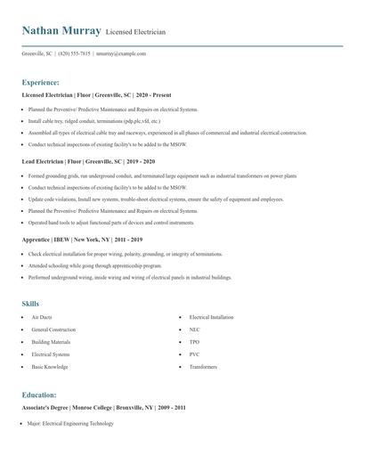 Licensed Electrician Resume