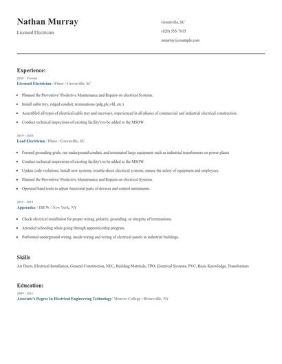 Licensed Electrician Resume