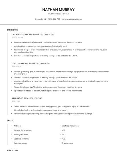 Licensed Electrician Resume