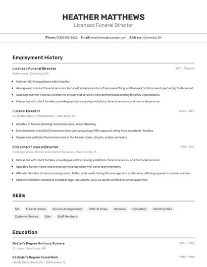 Licensed Funeral Director Resume