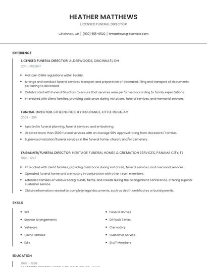 Licensed Funeral Director Resume
