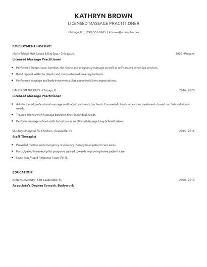 Licensed Massage Practitioner Resume