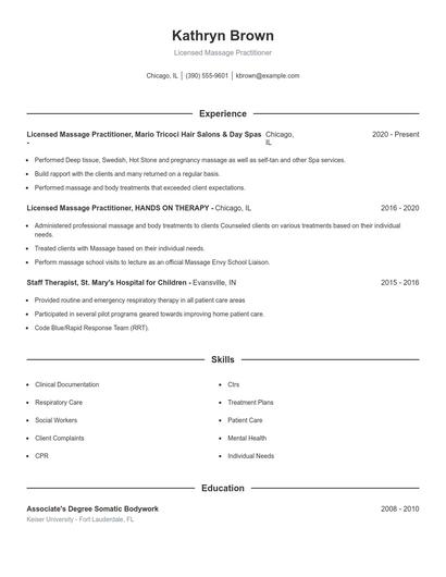 Licensed Massage Practitioner Resume