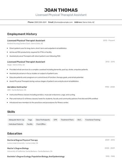 Licensed Physical Therapist Assistant Resume