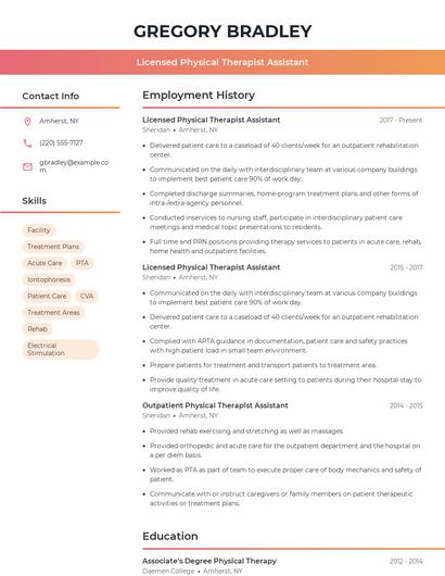 Licensed Physical Therapist Assistant Resume
