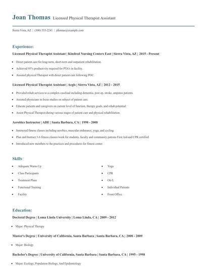 Licensed Physical Therapist Assistant Resume