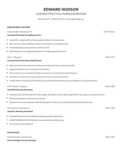 Licensed Practical Nurse/Supervisor Resume