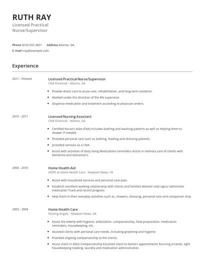 Licensed Practical Nurse/Supervisor Resume