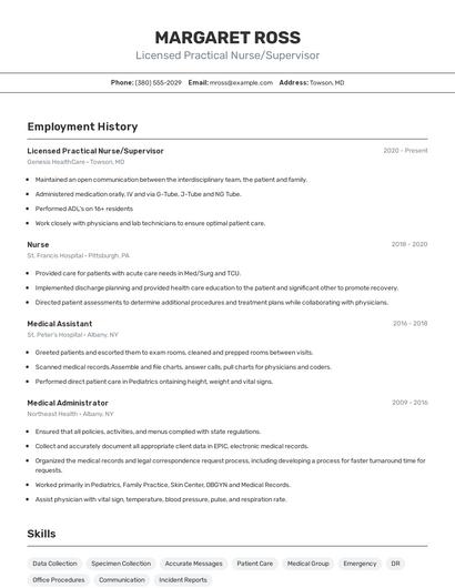 Licensed Practical Nurse/Supervisor Resume