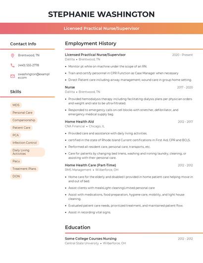 Licensed Practical Nurse/Supervisor Resume