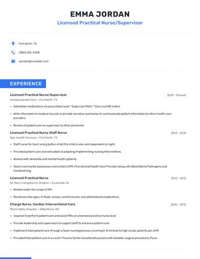 Licensed Practical Nurse/Supervisor Resume