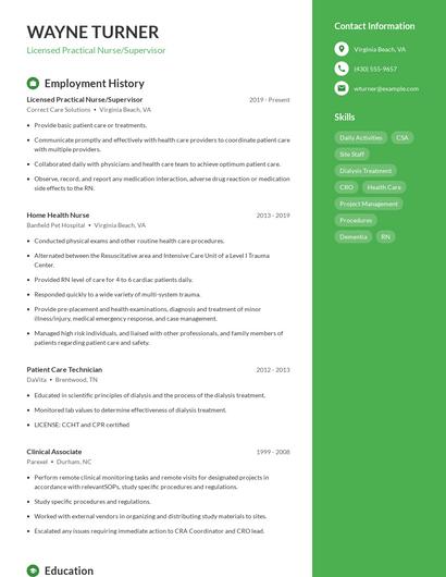 Licensed Practical Nurse/Supervisor Resume