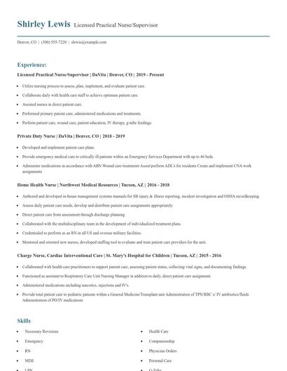 Licensed Practical Nurse/Supervisor Resume
