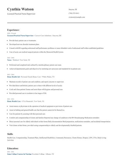 Licensed Practical Nurse/Supervisor Resume