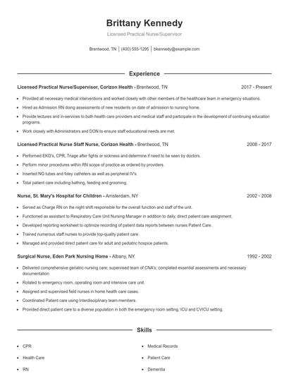 Licensed Practical Nurse/Supervisor Resume