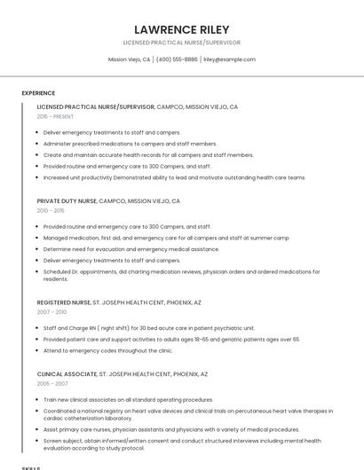 Licensed Practical Nurse/Supervisor Resume